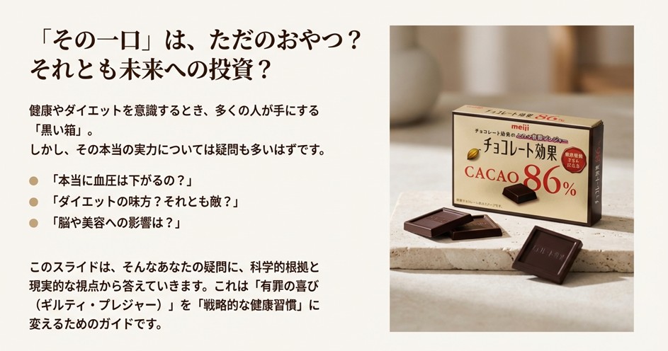 明治チョコレート効果86%のパッケージと、「その一口は未来への投資?」というキャッチコピーが書かれたスライド資料の表紙。