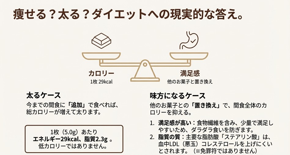 天秤のイラストを用い、高カカオチョコのカロリーと、置き換えによる満足感・脂質の質を比較解説したスライド。