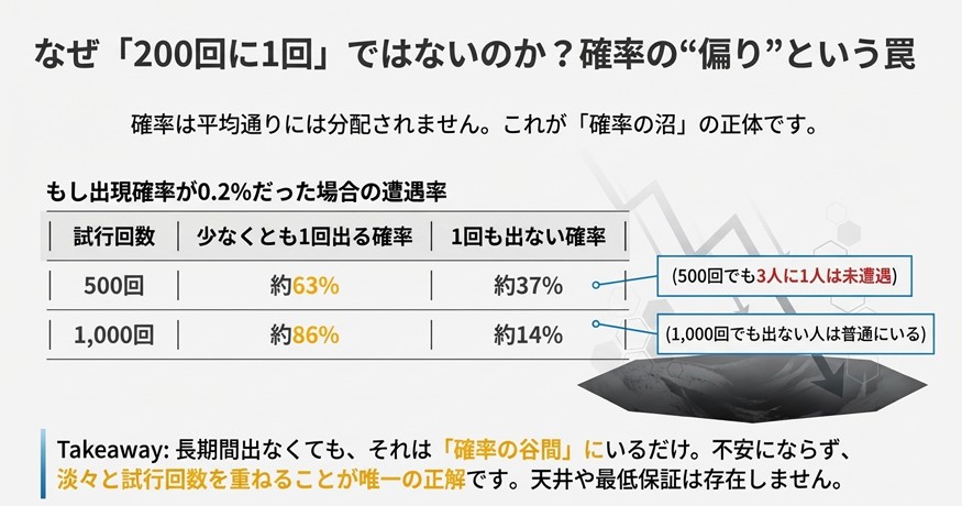 確率0.2%の場合、1000回試行しても約14%の人が一度も上級エリートに遭遇できないという確率分布の表。