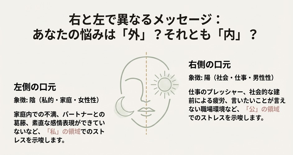 顔の右側（陽・仕事・社会）と左側（陰・家庭・内面）のニキビが示すそれぞれのストレス要因