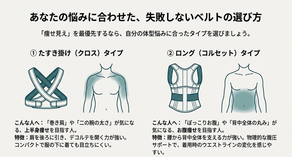上半身痩せを目指す人向けの「たすき掛けタイプ」と、お腹痩せを目指す人向けの「ロングタイプ」の特徴と選び方を解説した比較図。