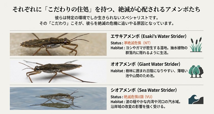 エサキアメンボ、オオアメンボ、シオアメンボそれぞれの好む生息環境とレッドリストステータスをまとめた一覧