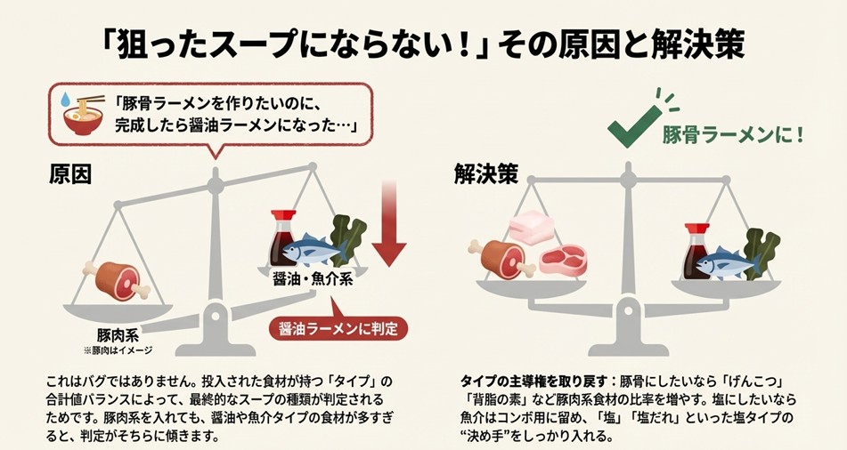 豚骨ラーメンを作りたいのに醤油判定になってしまう原因を、食材タイプのバランス(天秤)で解説した図