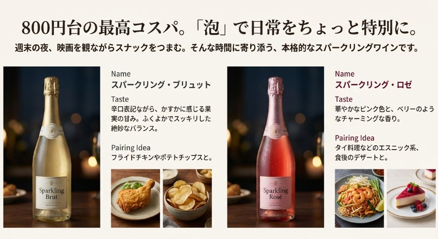 スパークリング・ブリュットとロゼのボトル画像、味わいと料理のペアリング提案