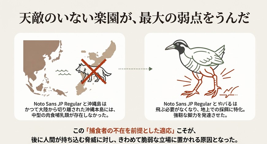 沖縄本島と大陸の地図比較、および天敵がいなかった環境で脚が発達した進化の過程を示す図解
