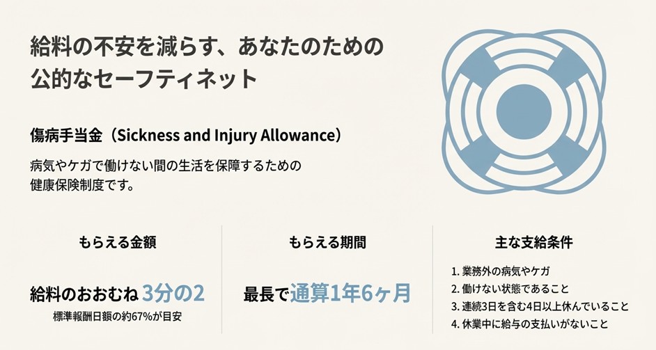 給料の不安を減らす公的なセーフティネット「傷病手当金」の解説。もらえる金額（給料の約2/3）や期間（最長1年6ヶ月）、支給条件を浮き輪のイラストと共にまとめたスライド。