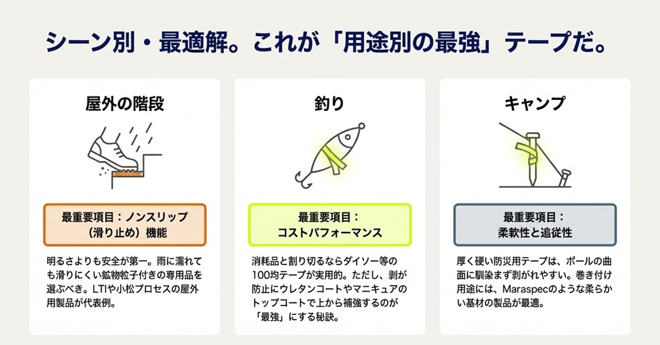 屋外階段にはノンスリップ機能、釣りにはコスパ重視、キャンプには柔軟性を重視する選び方のイラスト解説