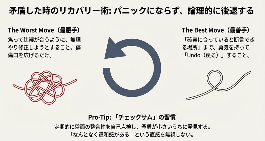 矛盾が生じた際、その場で無理に修正する「最悪手」と、確実に合っている場所まで戻る「最善手（Undo）」を比較した図。