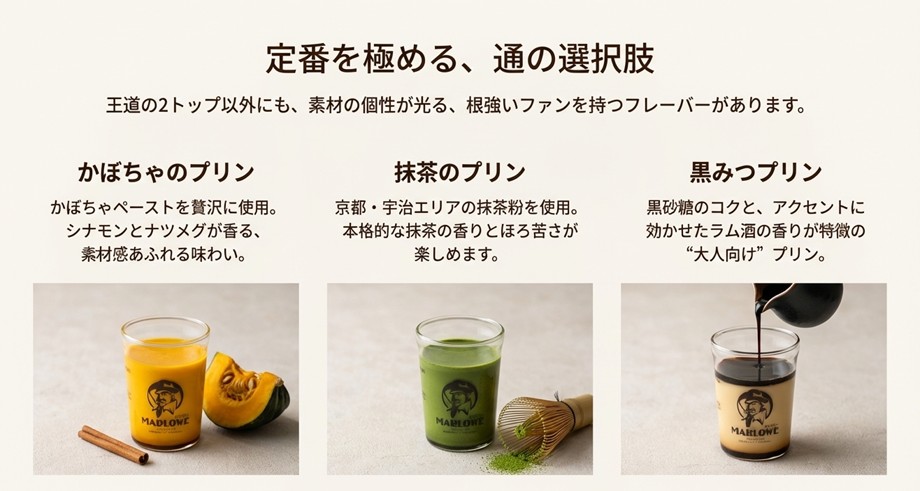 かぼちゃ、抹茶、黒みつなど、素材にこだわったマーロウの人気定番プリン3種の紹介