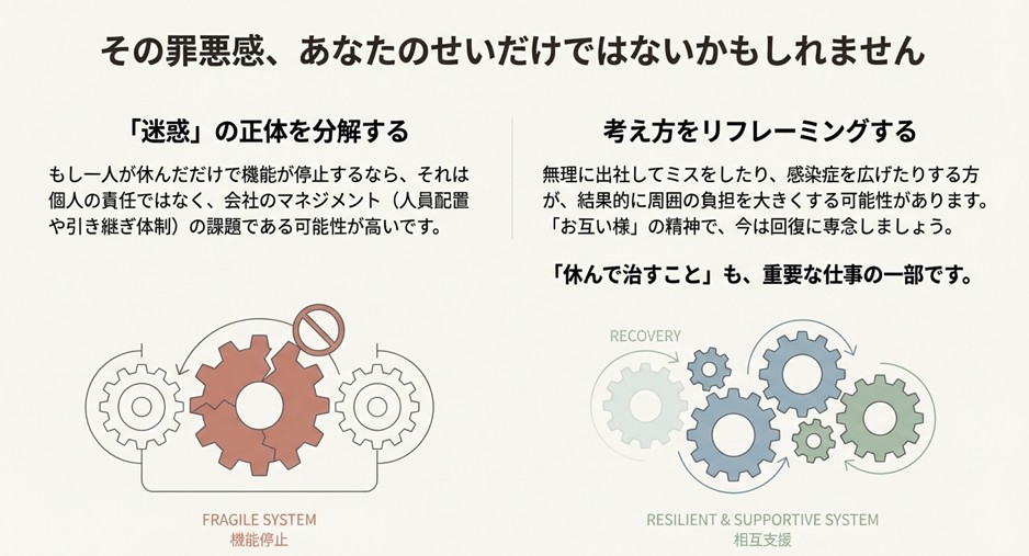 一人が欠けただけで機能停止する「もろいシステム」と、相互に補完し合って回復できる「回復力のあるシステム」を比較した歯車のイラスト。個人の責任ではなく組織の課題であることを図解。