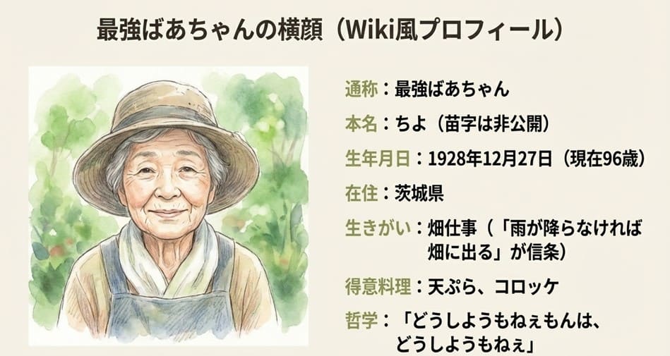 麦わら帽子をかぶったちよさんのイラストと、生年月日や生きがいなどのプロフィール情報