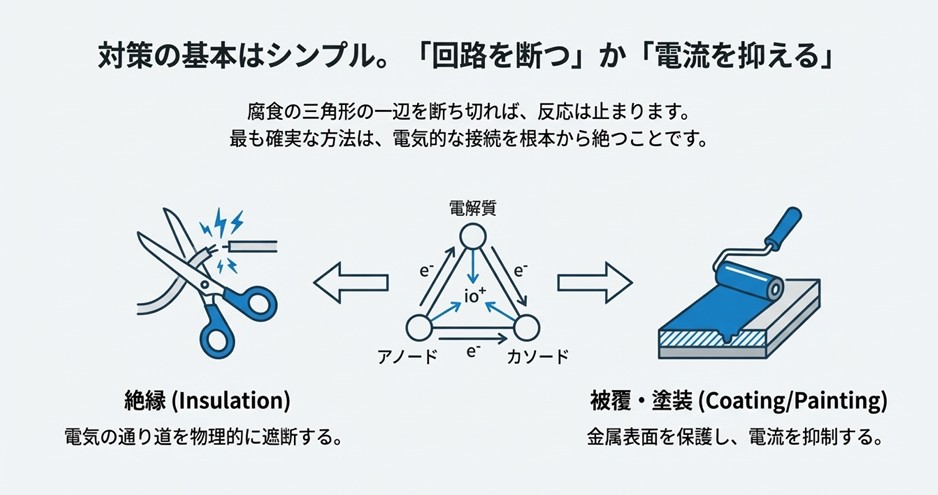 回路を断つ「絶縁」と、電流を抑える「塗装」という2つのアプローチを示したイメージイラスト。