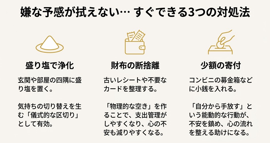 夢見が悪かったり不安が残る場合にすぐできる3つのアクション。盛り塩での浄化、財布の断捨離、少額の寄付についての解説。
