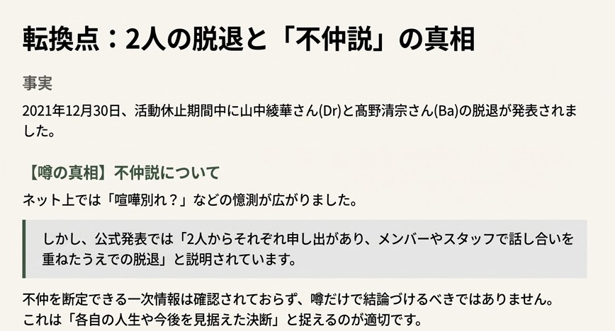 2021年の山中綾華と髙野清宗の脱退理由について、ネット上の不仲説や喧嘩別れという噂を否定し、公式発表に基づいた前向きな決断であることを解説したスライド。