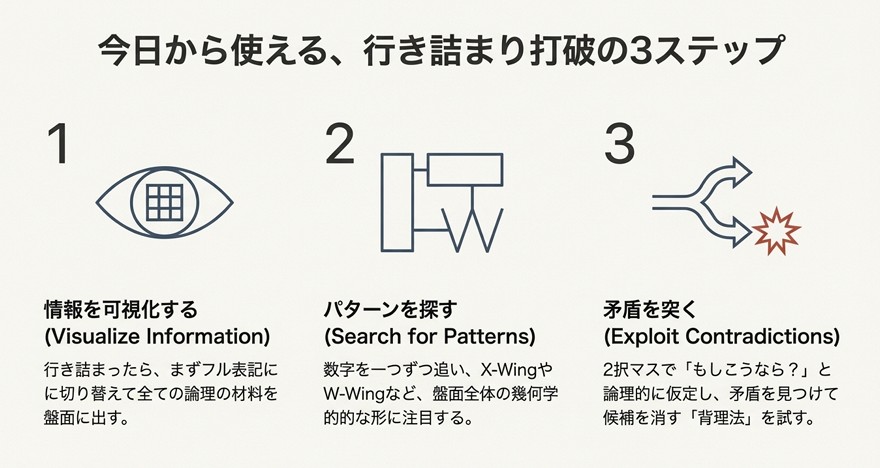 「情報を可視化する」「パターンを探す」「矛盾を突く」という、ナンプレの停滞を解消するための3段階の思考プロセスをまとめた図。