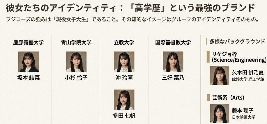 慶應、青学、立教などの大学群や、理系(リケジョ)・芸術系などメンバーの多様な学歴バックグラウンドを可視化した図