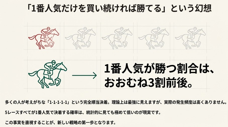 馬のイラストと共に、1番人気が勝つ割合はおおむね3割前後であり、全レース1番人気決着の頻度は高くないことを解説したスライド。
