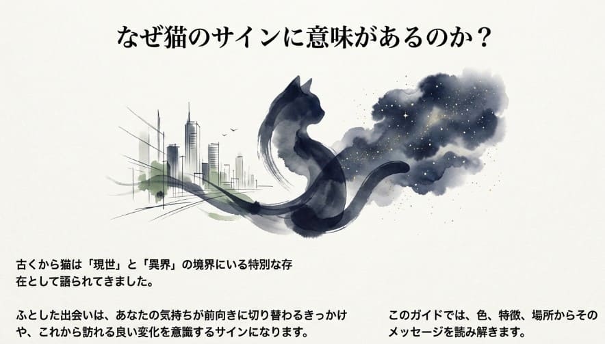 墨絵風の猫のシルエットと「なぜ猫のサインに意味があるのか?」という問いかけ。現世と異界の境界にいる特別な存在であることを説明するスライド。