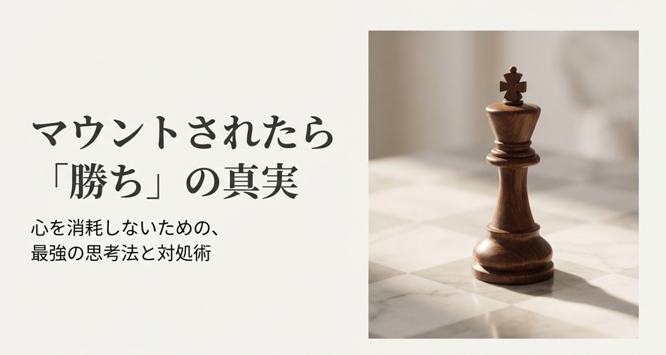 チェスのキングの駒が置かれた背景に、タイトル「マウントされたら『勝ち』の真実：心を消耗しないための最強の思考法と対処術」と書かれた表紙スライド。
