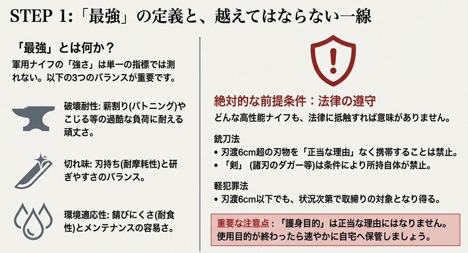 ナイフの強さを構成する3要素（破壊耐性、切れ味、環境適応性）と、銃刀法・軽犯罪法に関する警告マークと解説。