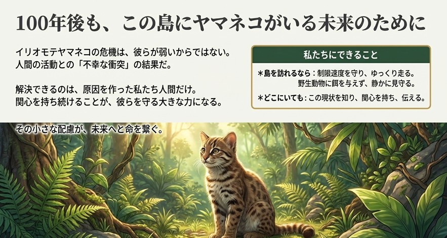 森の中で光を浴びるイリオモテヤマネコのイラスト。「その小さな配慮が、未来へと命を繋ぐ」というメッセージと共に、人間ができる具体的な行動指針が記されている。