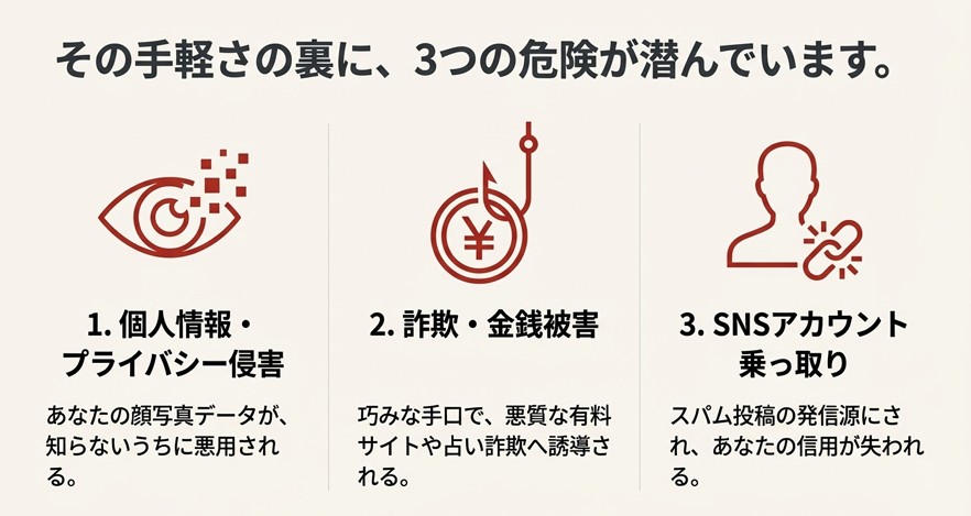 虫眼鏡で「全世界」「サブライセンス可能」という規約の言葉を強調し、運営側が広範囲でデータを扱える契約のリスクを説明するスライド 。