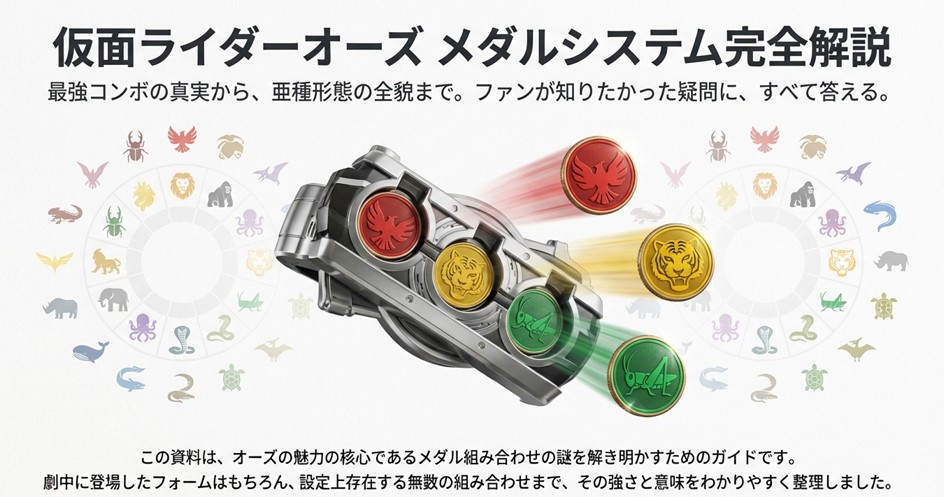 オーズドライバーからタカ・トラ・バッタの3枚のメダルが飛び出す躍動感のあるイメージ図。背景には各種生物のアイコンが円状に配置されている。