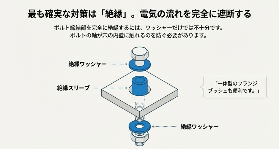 ボルトと母材が接触しないよう、絶縁ワッシャーと絶縁スリーブを組み合わせて完全に絶縁する構造図。