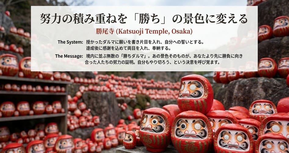 大阪・勝尾寺の勝ちダルマについて、願いを書いて片目を入れ、達成後に両目を入れて奉納するプロセスを図解し、ダルマの景色が努力の証明であることを説明するスライド。