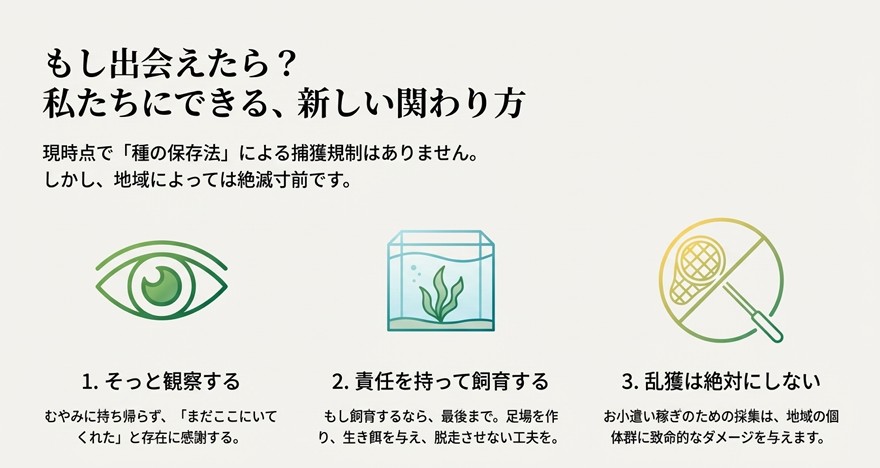 ミズカマキリを見つけた際の3つのマナー。「そっと観察する」「責任を持って飼育する」「乱獲はしない」ことの重要性。