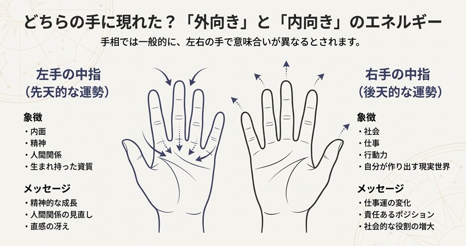 左手は内面や精神、右手は社会や仕事を表すという、中指のほくろが示すエネルギーの向き(外向き・内向き)の図解