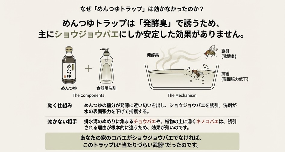 めんつゆトラップが効く仕組み(発酵臭と界面活性剤)と、ショウジョウバエ以外には効果が薄い理由