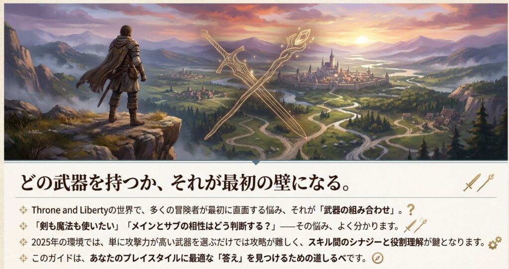 スローン・アンド・リバティの世界を見下ろす冒険者と、武器の選択に悩むイメージイラスト