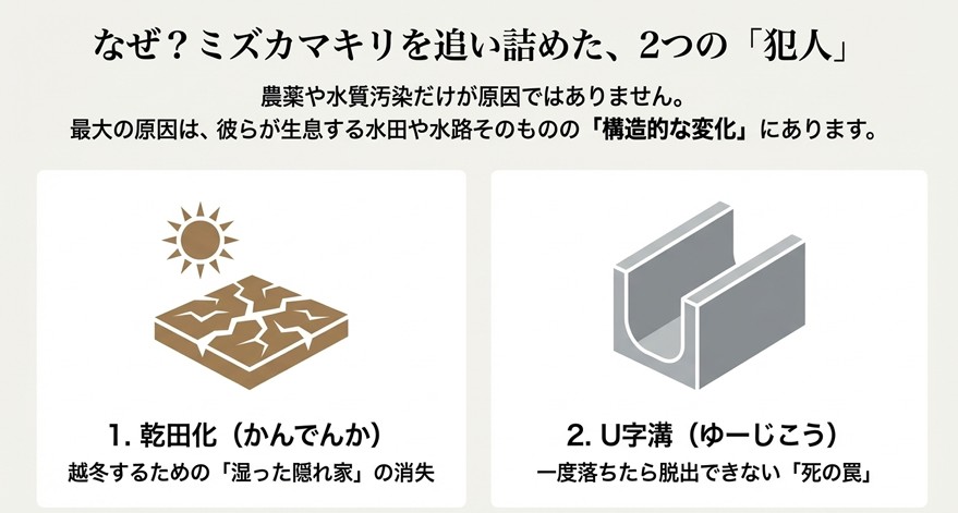 ミズカマキリ減少の主な原因である「乾田化による越冬場所の消失」と「U字溝への落下」を示したイラスト。
