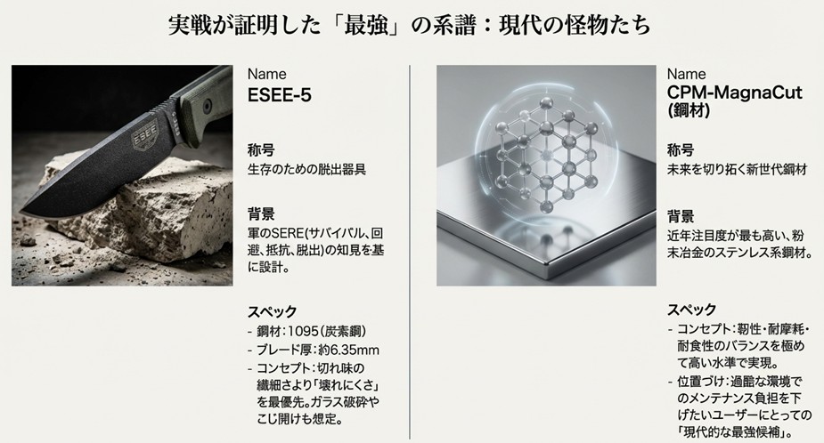 石の上にある頑丈なESEE-5ナイフの写真と、最新の粉末冶金鋼材CPM-MagnaCutの分子構造イメージ図。