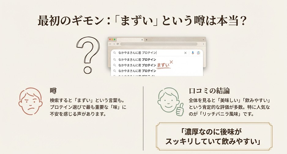 「まずい」という検索ワードに対する実際の口コミ調査結果。全体的には「美味しい」「リッチバニラ風味が人気」という肯定的評価が多いことを示す図解