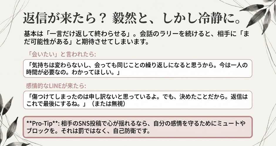 「返信が来たら？ 毅然と、しかし冷静に」というスライド。「会いたい」と言われた時や感情的なLINEへの返信例、SNSのミュート等のアドバイスが書かれています。