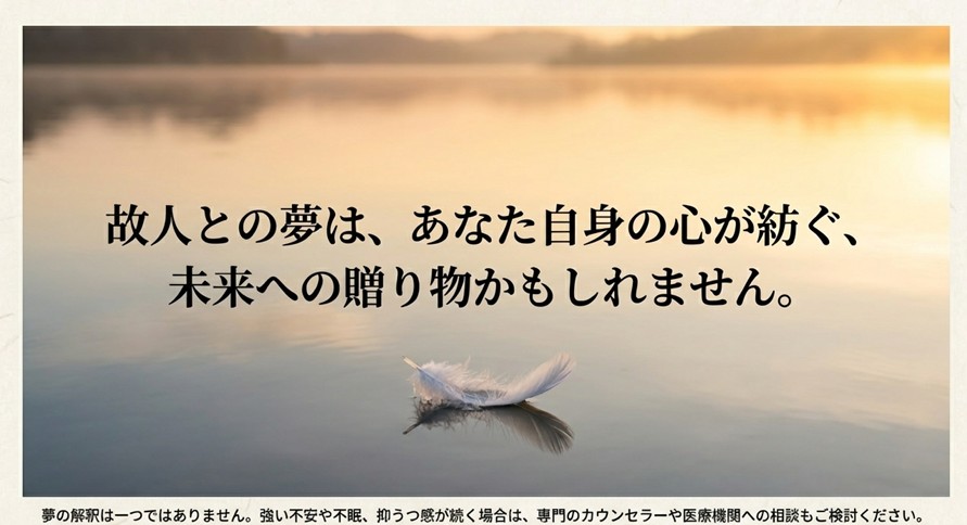 故人との夢は未来への贈り物であるというメッセージと、メンタルヘルスに関する注意書き