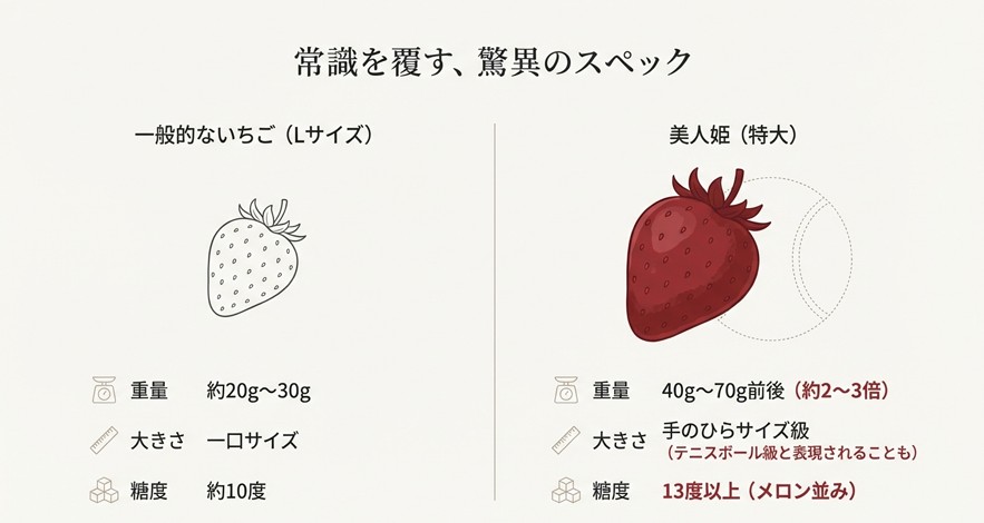 美人姫と一般的ないちご（Lサイズ）の重量・大きさ・糖度を比較したイラスト解説。重量は約2〜3倍の40g〜70g前後、糖度は13度以上と記載されている