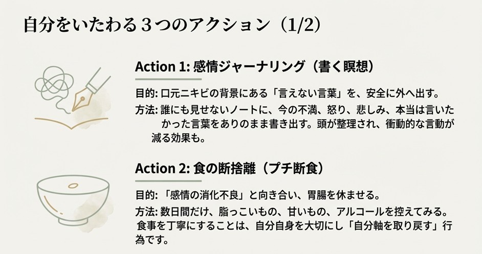 自分をいたわるケア方法1。感情を書き出すジャーナリングと胃腸を休めるプチ断食のイラスト