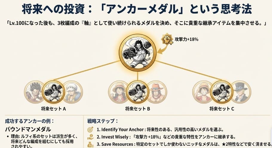 3枚目編成を見据えて軸（アンカー）となるメダルに18%継承アイテムを使用する戦略イメージ図。