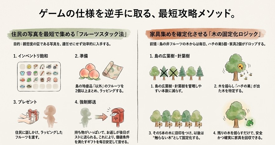 インベントリを埋めて写真を郵送させる「フルーツスタック法」の手順と、ハチの巣が出る木を固定化するロジックの図解。