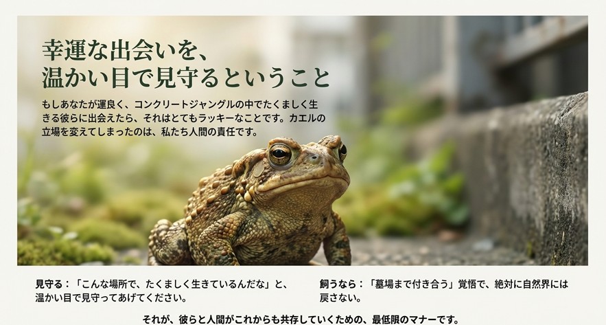 自然の中で生きるヒキガエルを観察する様子。捕獲や飼育よりも、そっと見守ることが彼らとの共存のマナーであると伝えるイラスト。