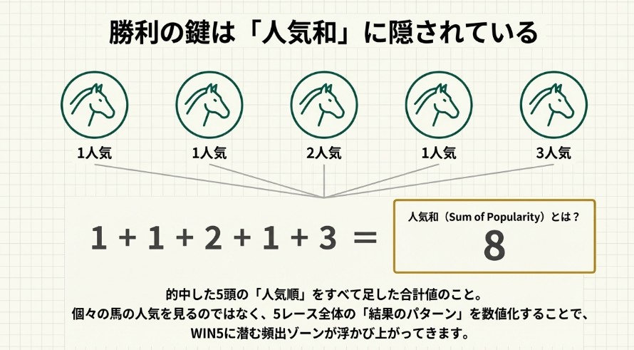 5つのレースの勝ち馬の人気順(1, 1, 2, 1, 3など)を合計して算出する「人気和」の計算式を図解したスライド。
