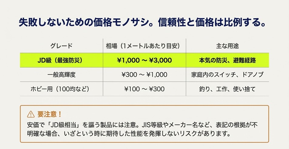 JD級（最強防災）、一般高輝度、ホビー用（100均）の1メートルあたりの価格目安と主な用途の対応表