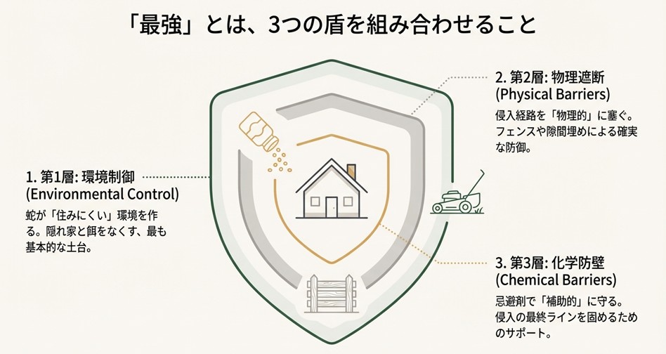 蛇対策の結論スライド。環境制御（第1層）、物理遮断（第2層）、化学防壁（第3層）の3つを組み合わせることで、最も効果的な防御壁となることを示した図。