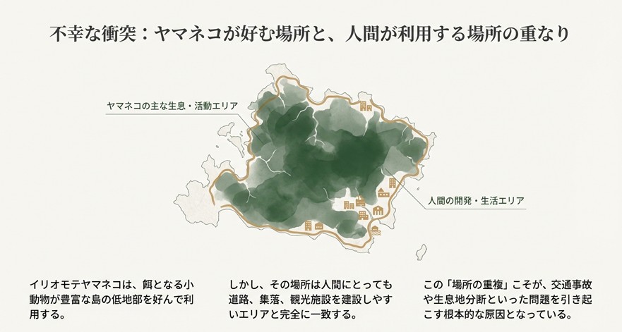 西表島の地図上で、ヤマネコが好む低地の生息エリアと、人間が利用する開発エリアが完全に重なっている様子を示した図。「不幸な衝突」の原因が場所の重複にあることを解説している。