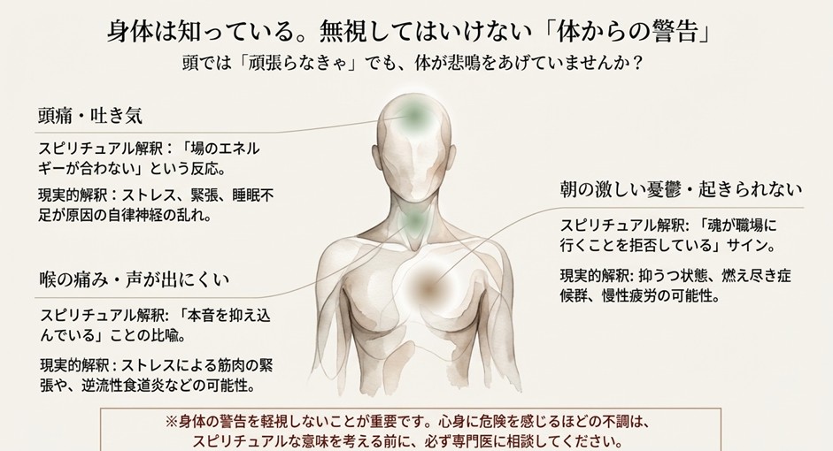 頭を抱える人の線画イラスト。頭痛、朝の憂鬱、喉の痛みなどの症状に対し、スピリチュアルな解釈と現実的なストレス反応の両面を解説している図。