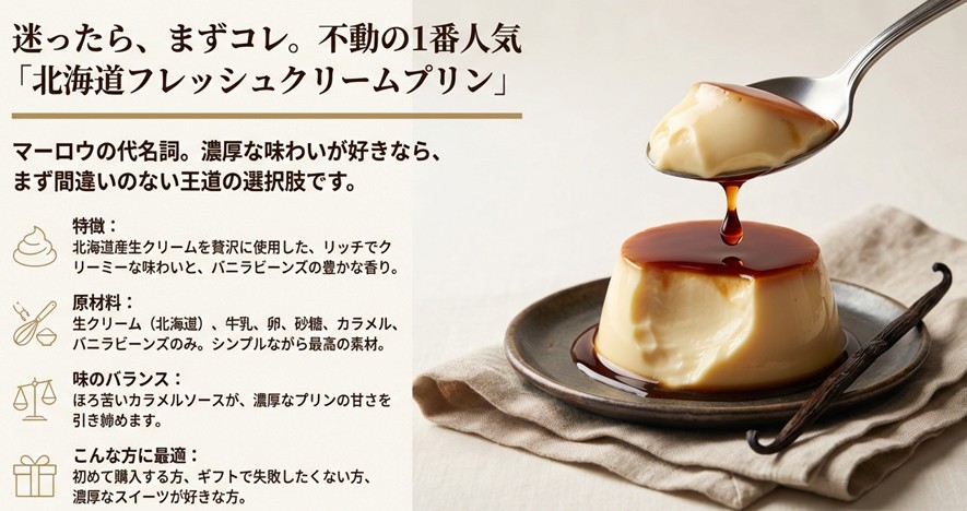北海道産生クリームを使用した濃厚な味わいが特徴のマーロウ1番人気プリンの解説