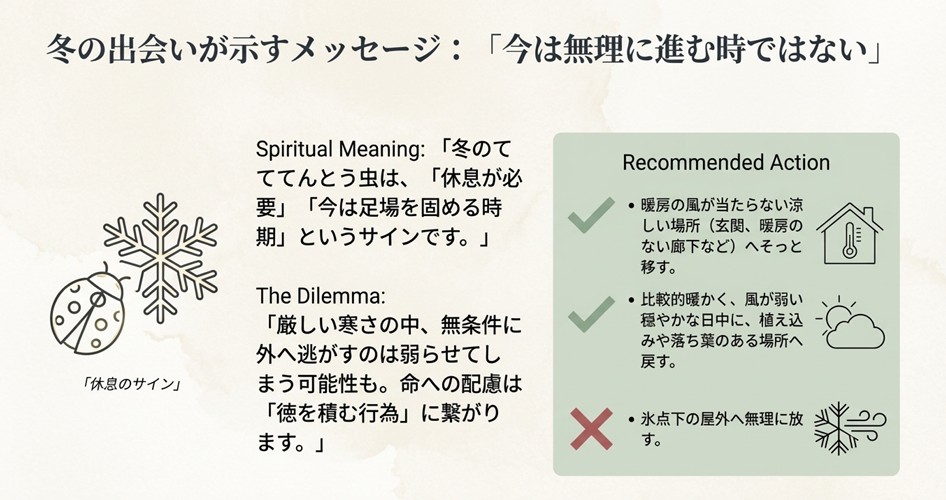 冬のてんとう虫は休息のサイン。無理に外へ逃がさず、涼しい場所へ移すなどの配慮が必要
